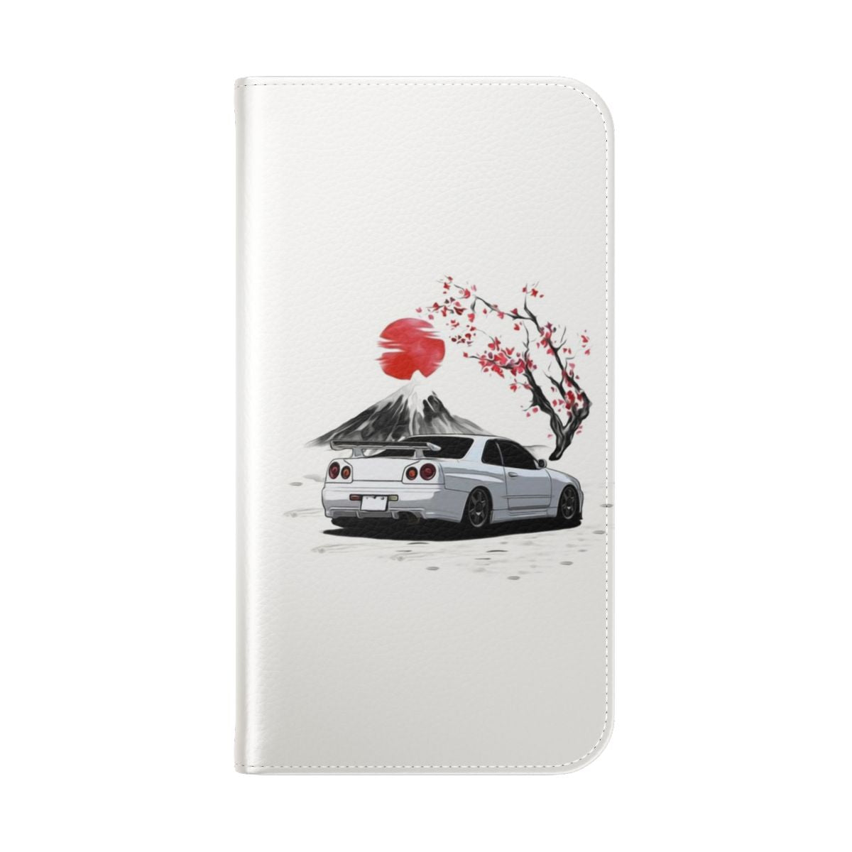 Skyline R34 GTR-inspired flip cover phone case featuring a cherry blossom design - Folded Back