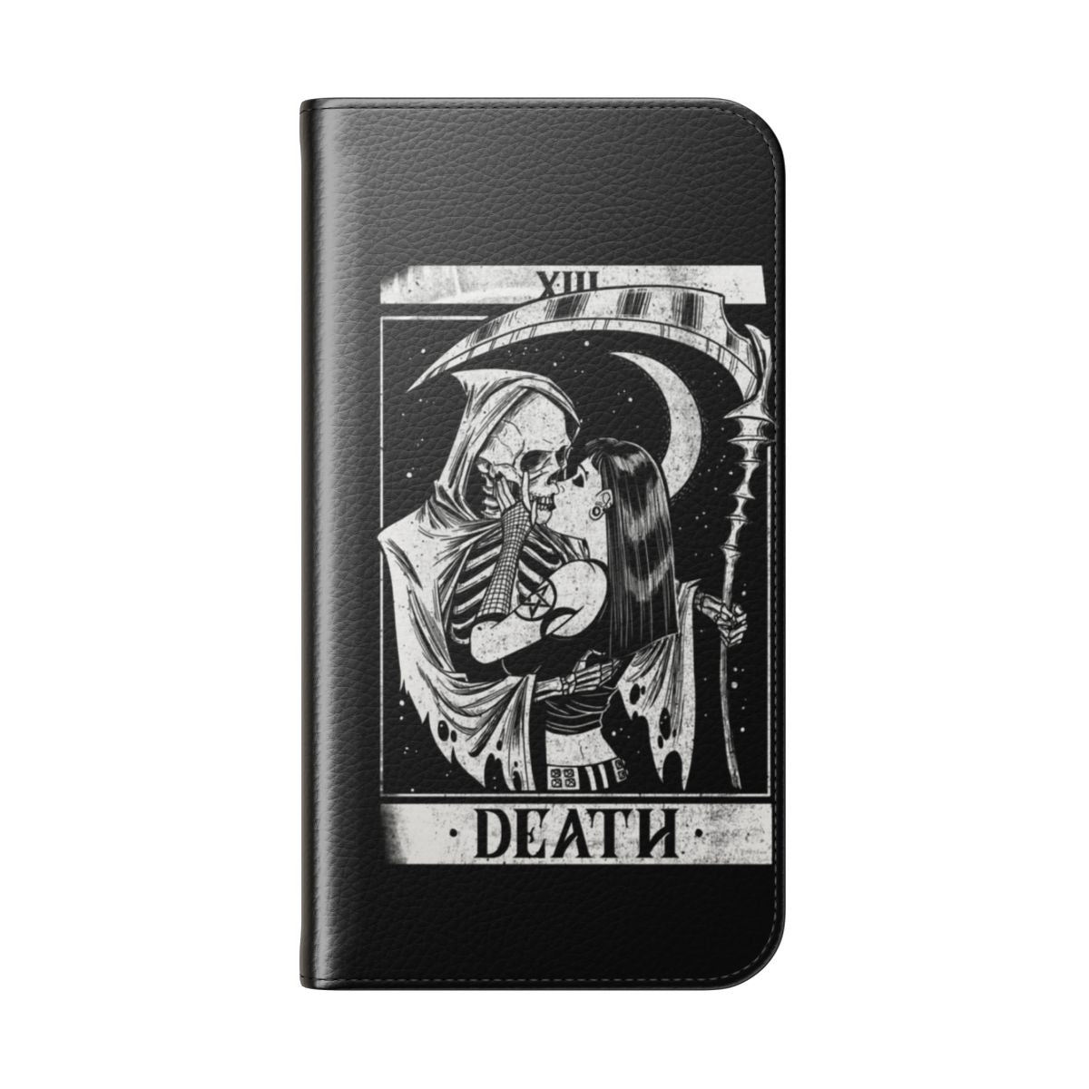 Vintage-style gothic phone case with Grim Reaper tarot card design - Folded Back