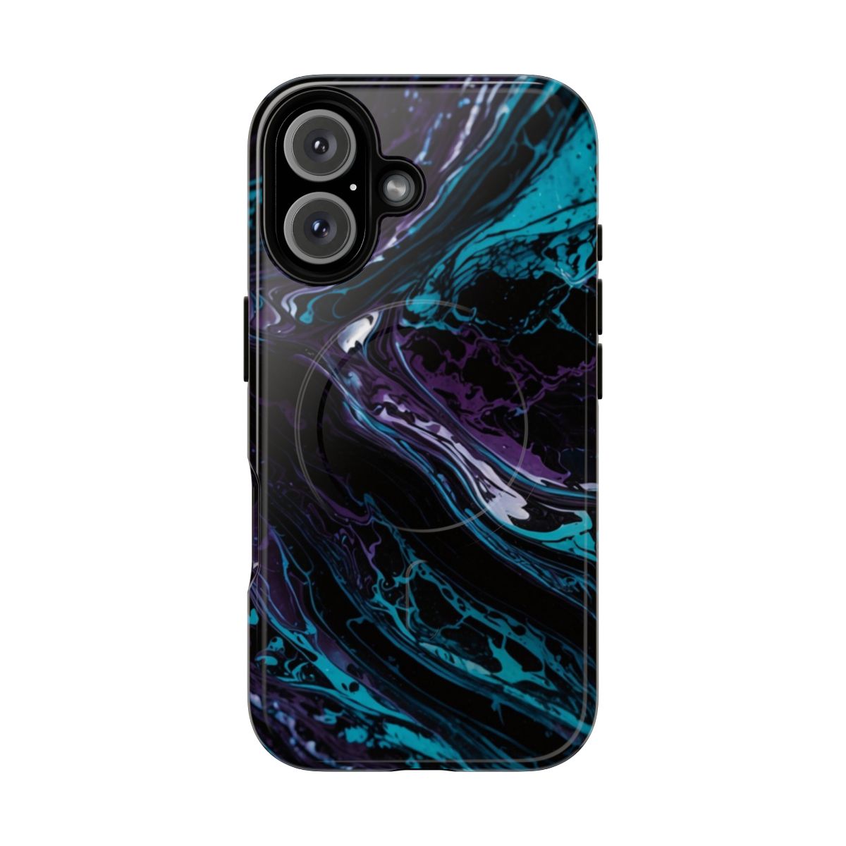 Purple and teal marble pattern on a protective phone case