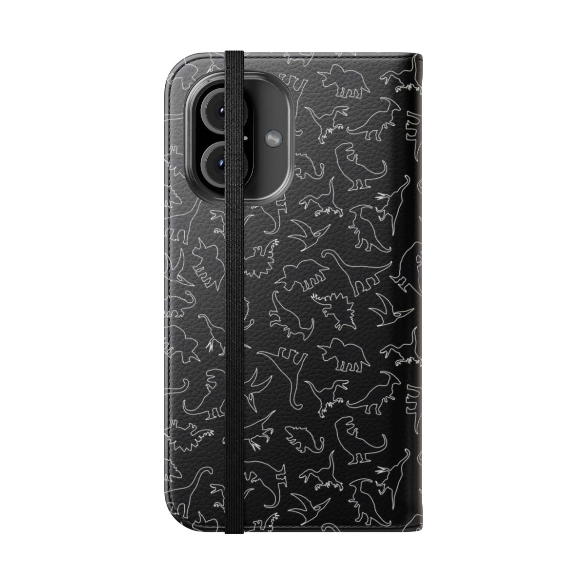 Dinosaur outline pattern phone case with a minimalist, white design. - Folded Front