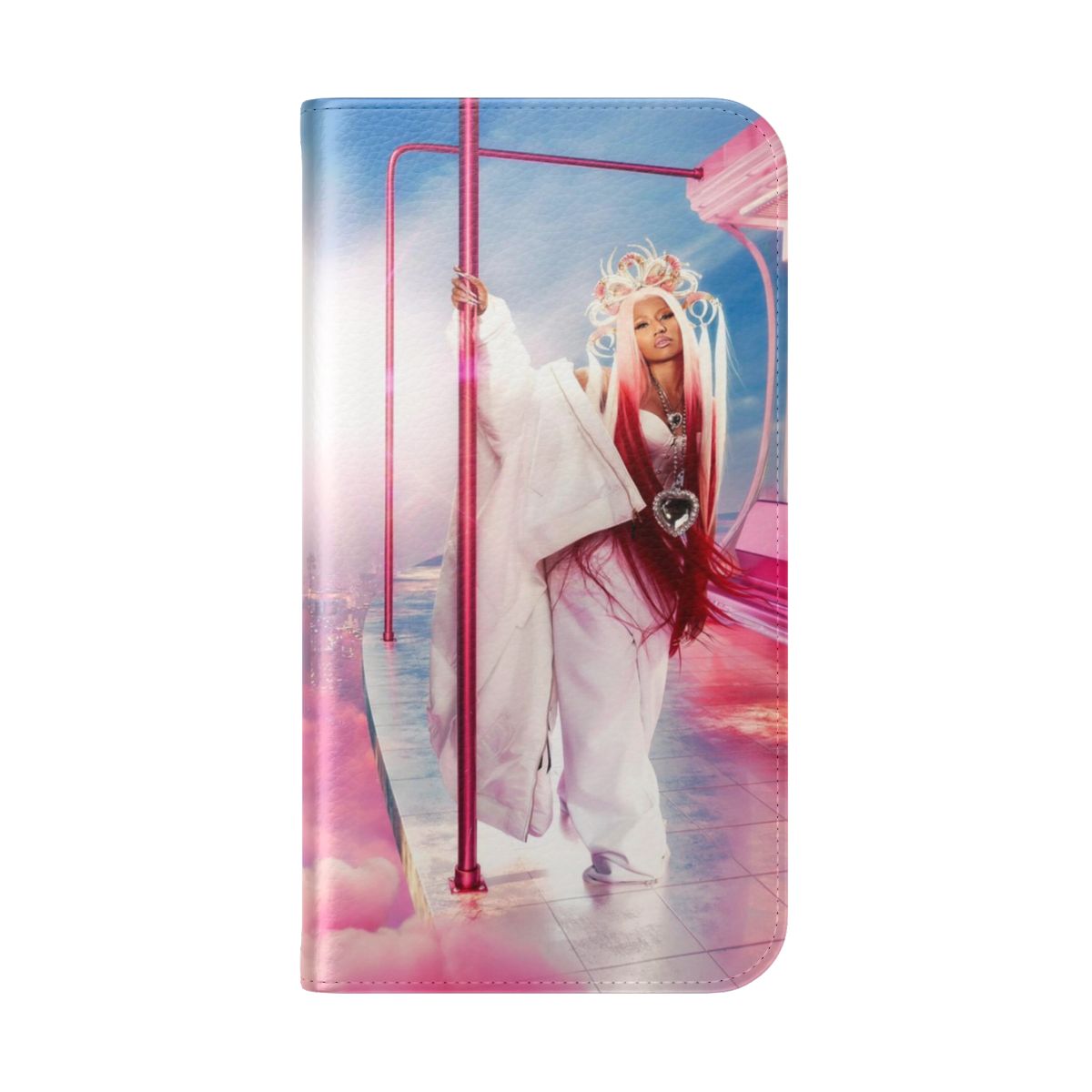 Nicki Minaj-inspired flip cover phone case with pink and barbie-themed design - Folded Back