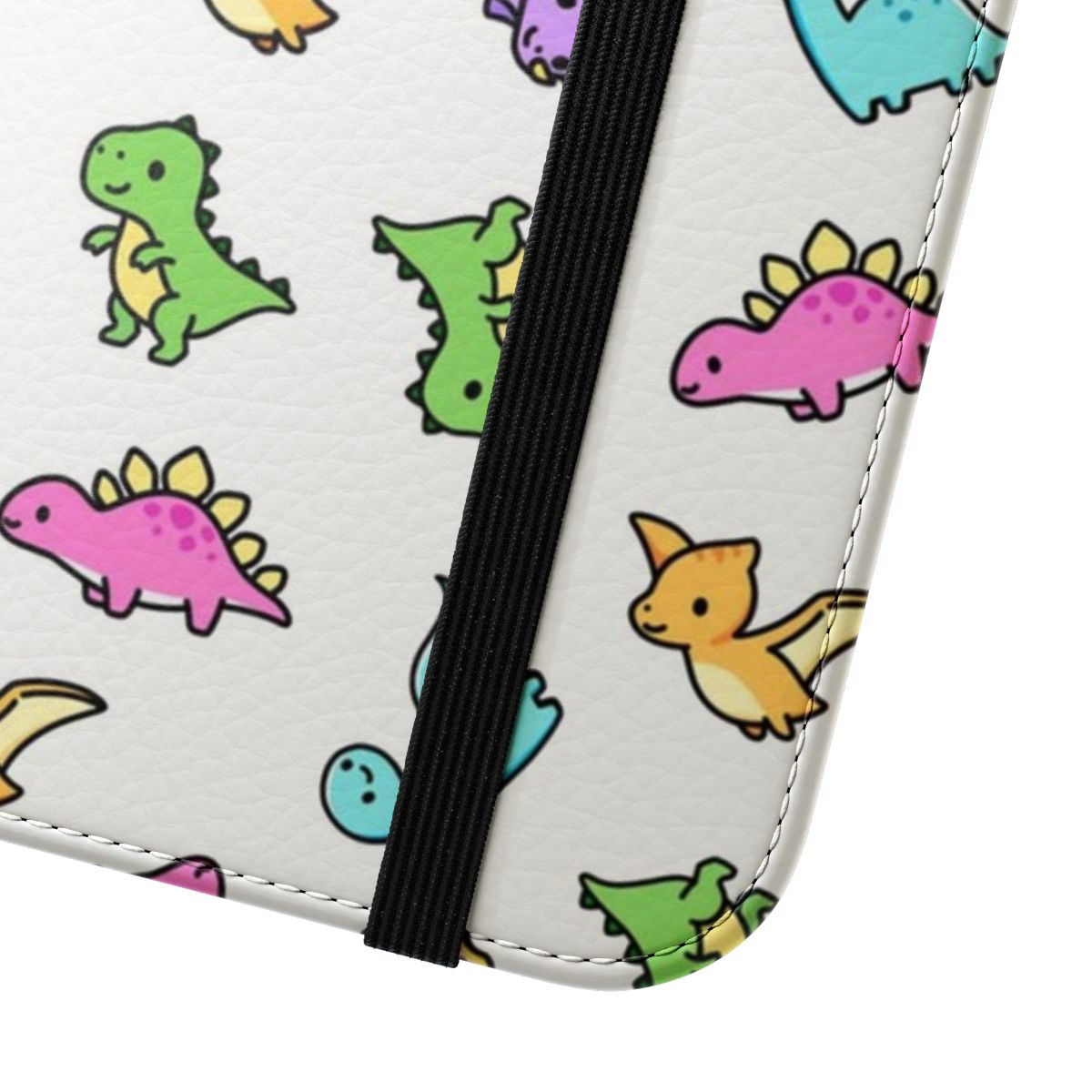 Cute dinosaur-themed flip phone case with brontosaurus, brachiosaurus, pterodactyl, T-Rex, triceratops, and stegosaurus designs. - Close Up