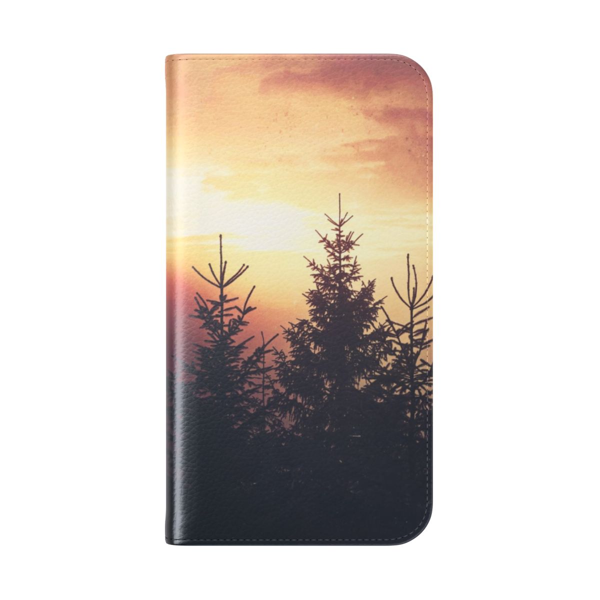 Flip cover phone case featuring a romantic forest scene with trees, sunset, and warm sunlight - Folded Back