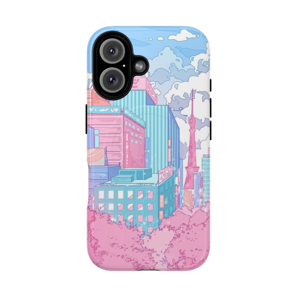 Pastel-colored image of the Tokyo cityscape on a phone case with magnetic closure