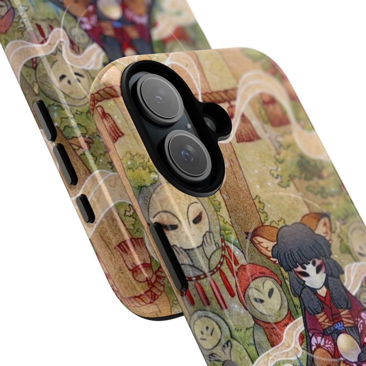 Artistic phone case featuring a watercolor and color pencil illustration of a magical fox-like creature in a forest setting. - Detail