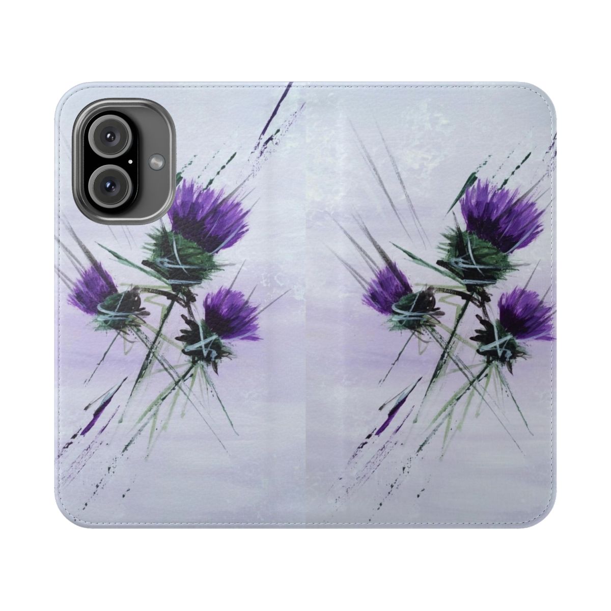 Flip cover phone case featuring a contemporary design of a purple and green Scottish thistle