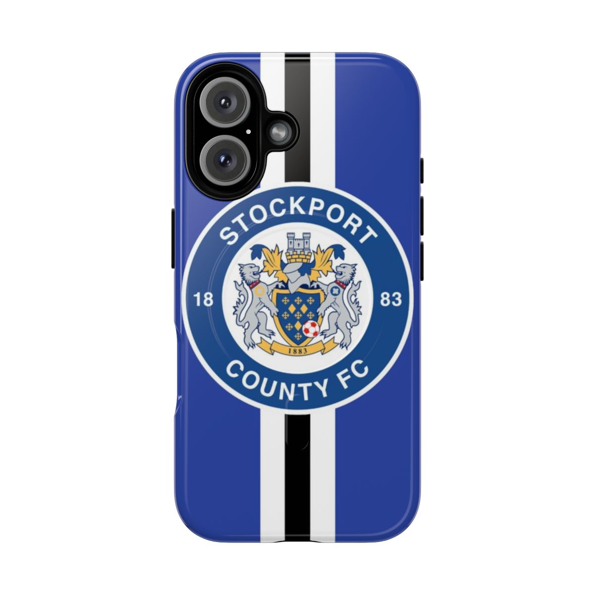 Stockport County-themed phone case with black and white stripes