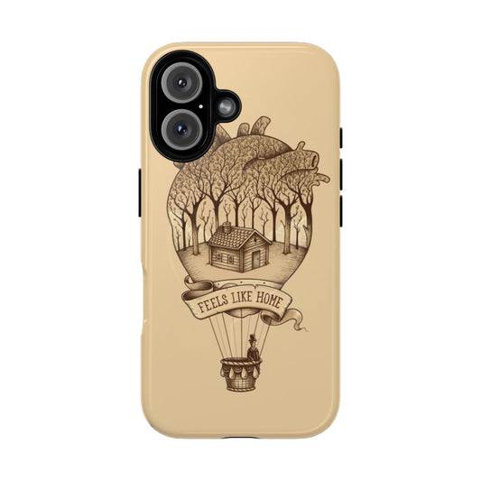 Vintage surreal magnetic tough case for phones featuring a heart, hot air balloon, house, forest, and trees design