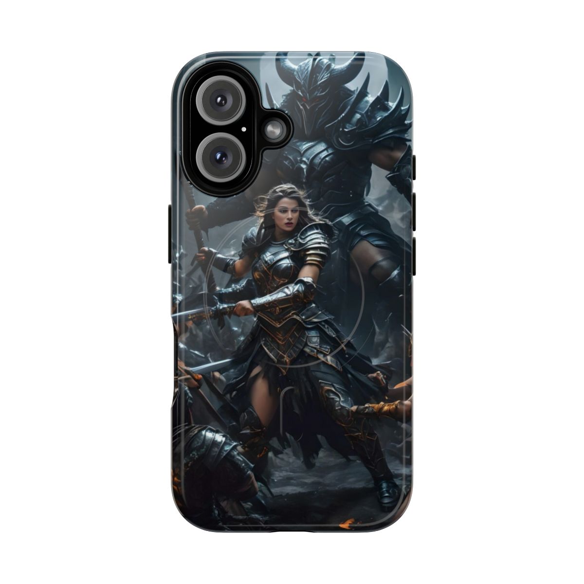 Durable fantasy-themed phone case with battle and action design