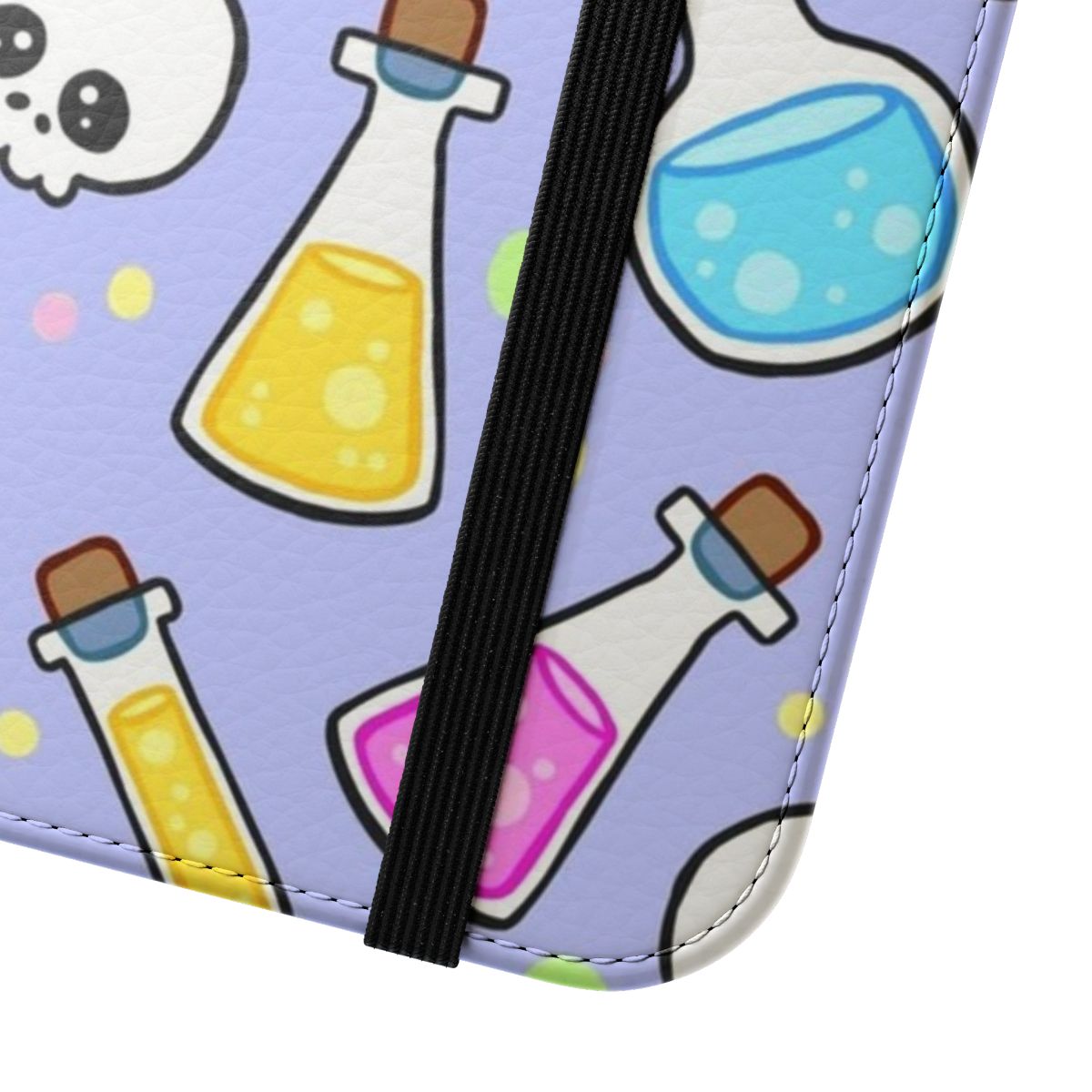 A whimsical flip phone case featuring a pastel-colored potion and skull design, perfect for Halloween and autumn seasons. - Close Up