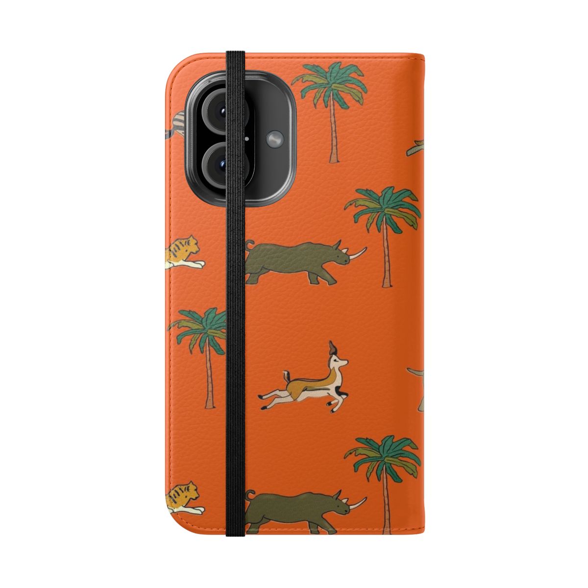 Vintage safari animal pattern phone case with faux leather flip cover - Folded Front