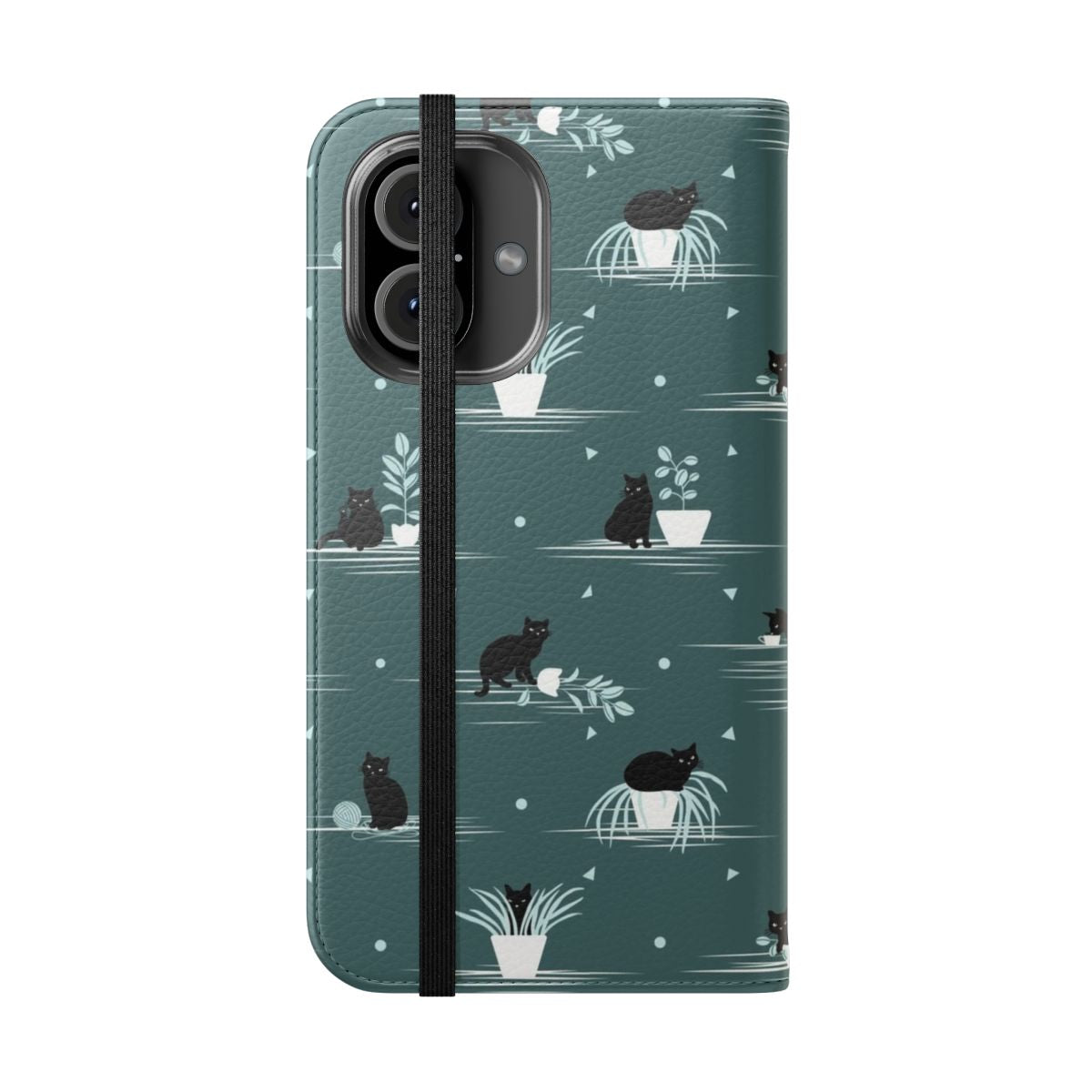 Green and black phone case with a cartoon black cat pattern, perfect for cat owners and enthusiasts. - Folded Front