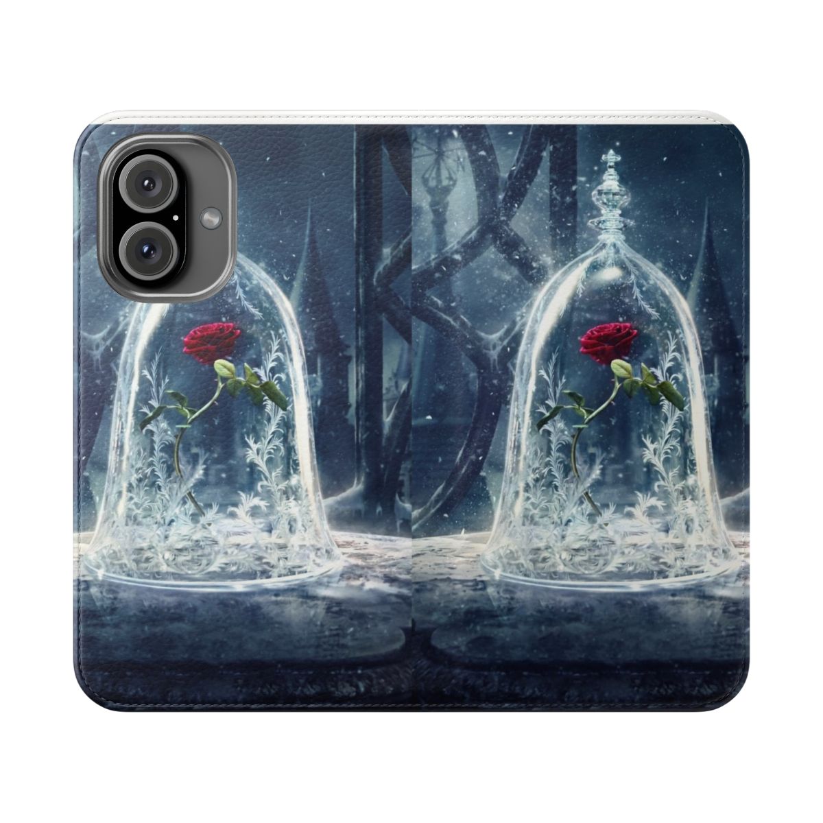 Enchanted rose-themed phone case with a protective flip cover design