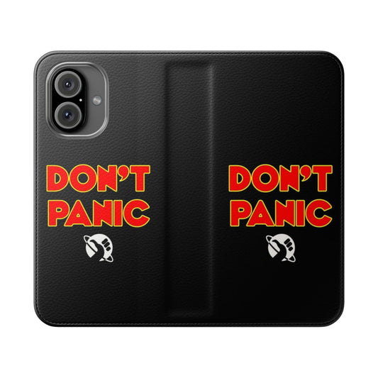 Flip cover phone case with "Don't Panic" design, inspired by the classic science fiction book and film series "The Hitchhiker's Guide to the Galaxy"