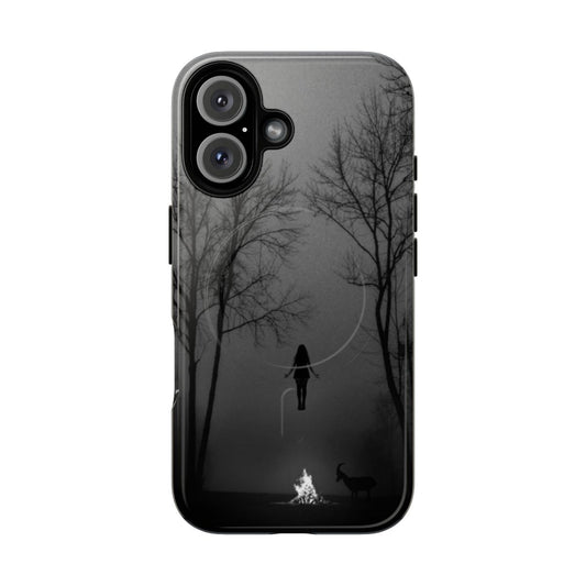 Magnetic phone case featuring a dark, spooky design with a witch, goat, and occult symbols in a wooded setting.