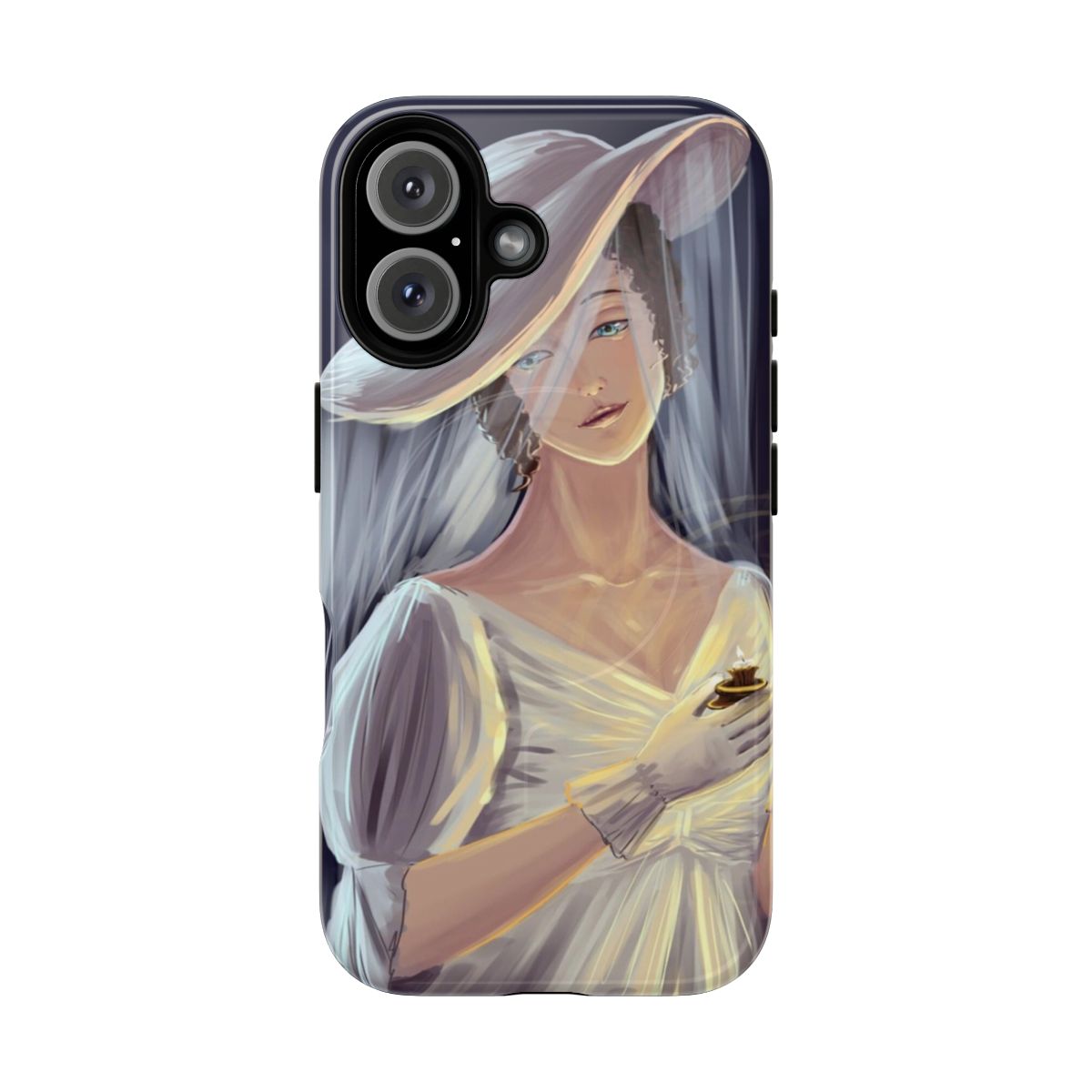 Woman in a white dress holding a magnetic tough phone case