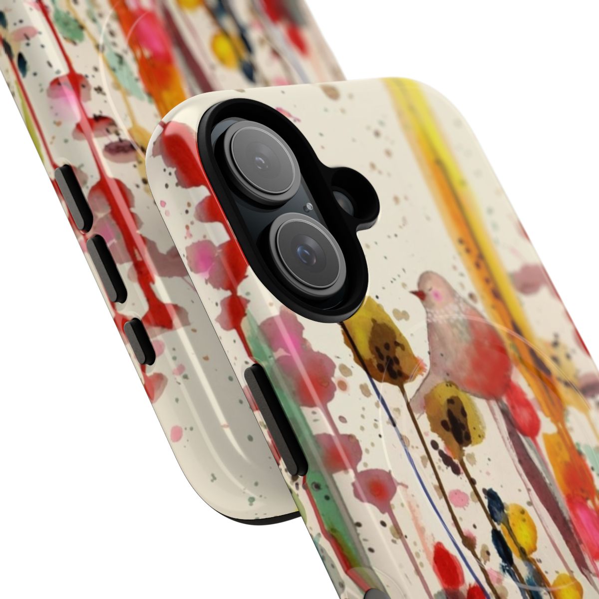 A vibrant and nature-inspired magnetic tough phone case featuring birds, flowers, and a peaceful field. - Detail