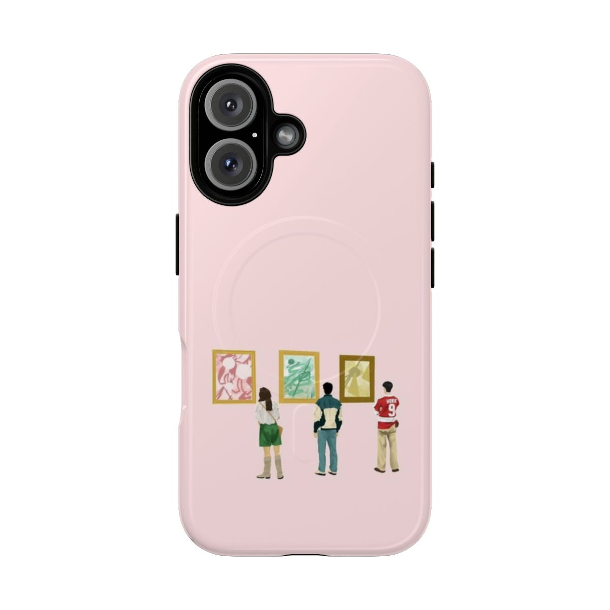 Vintage-style phone case featuring a pastel illustration of Ferris Bueller and the art museum from the classic 80s film.