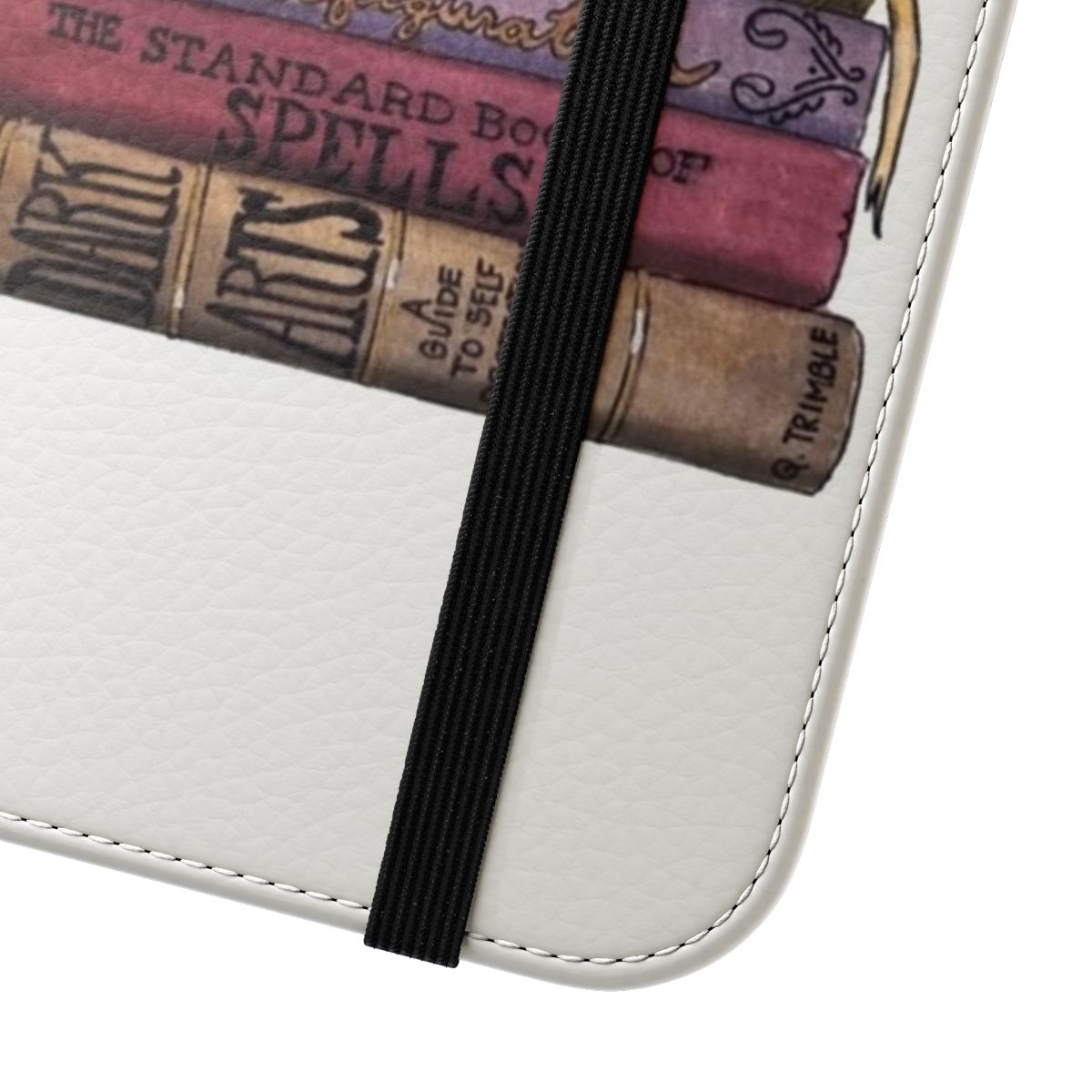 Studious flip cover phone case with books, spellbooks, and wizarding elements - Close Up