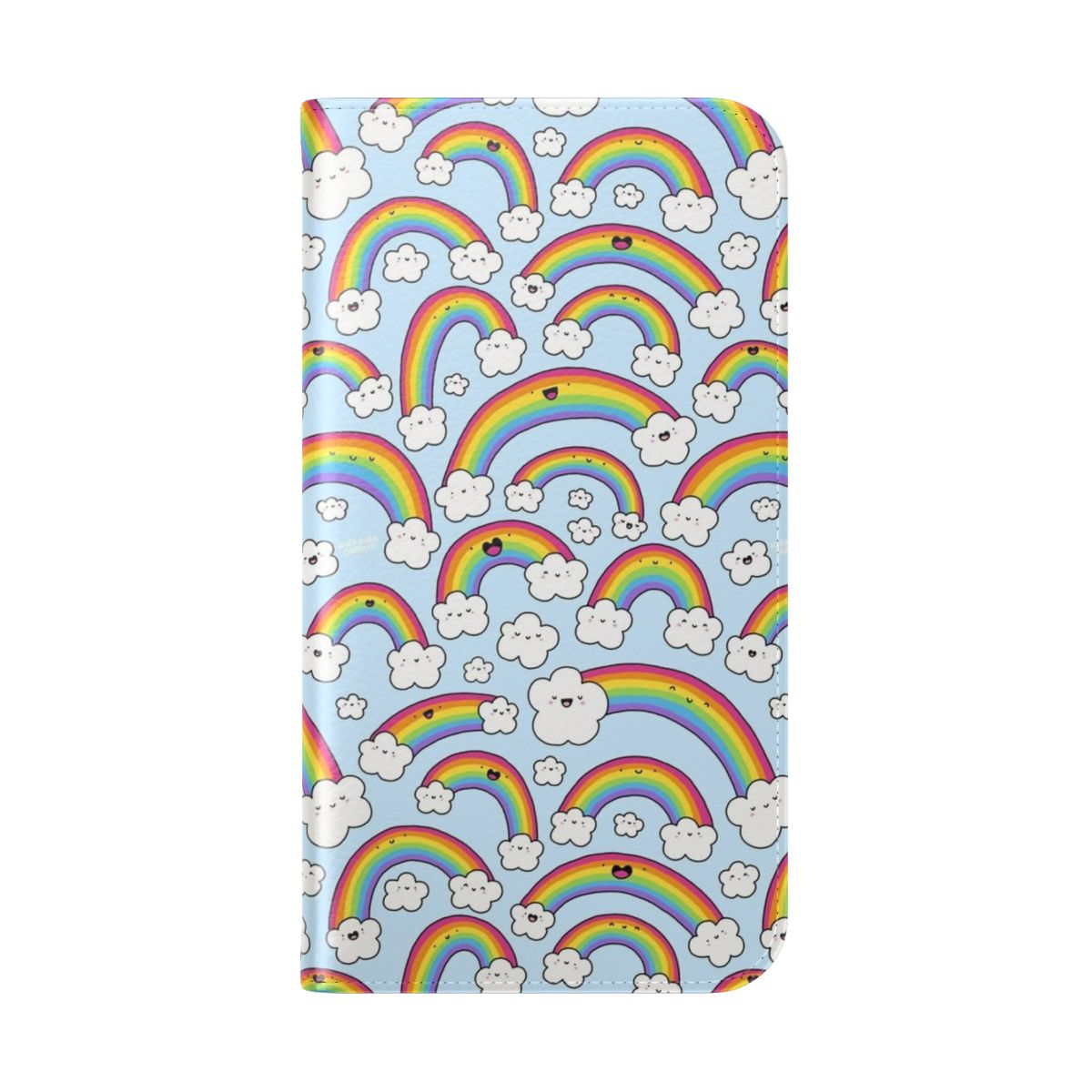 Colorful rainbow-themed phone case cover with doodle clouds and kawaii design - Folded Back