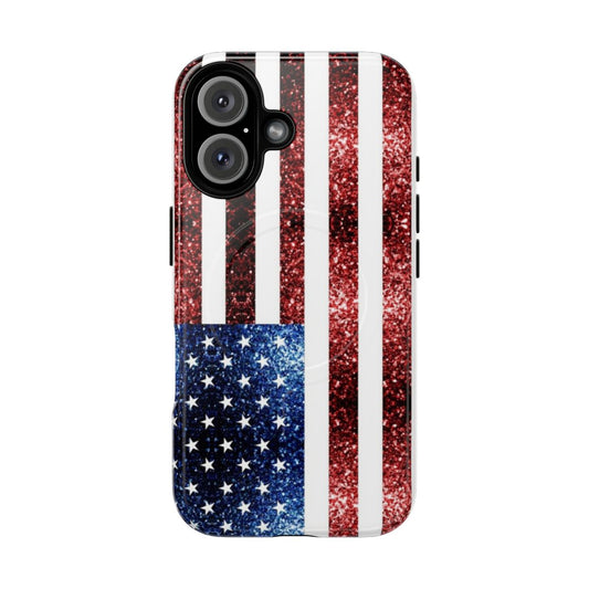 Patriotic phone case with a glittery USA flag design