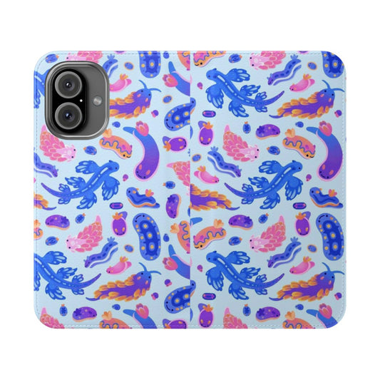 Pastel blue phone case with a vibrant sea slug or nudibranch design