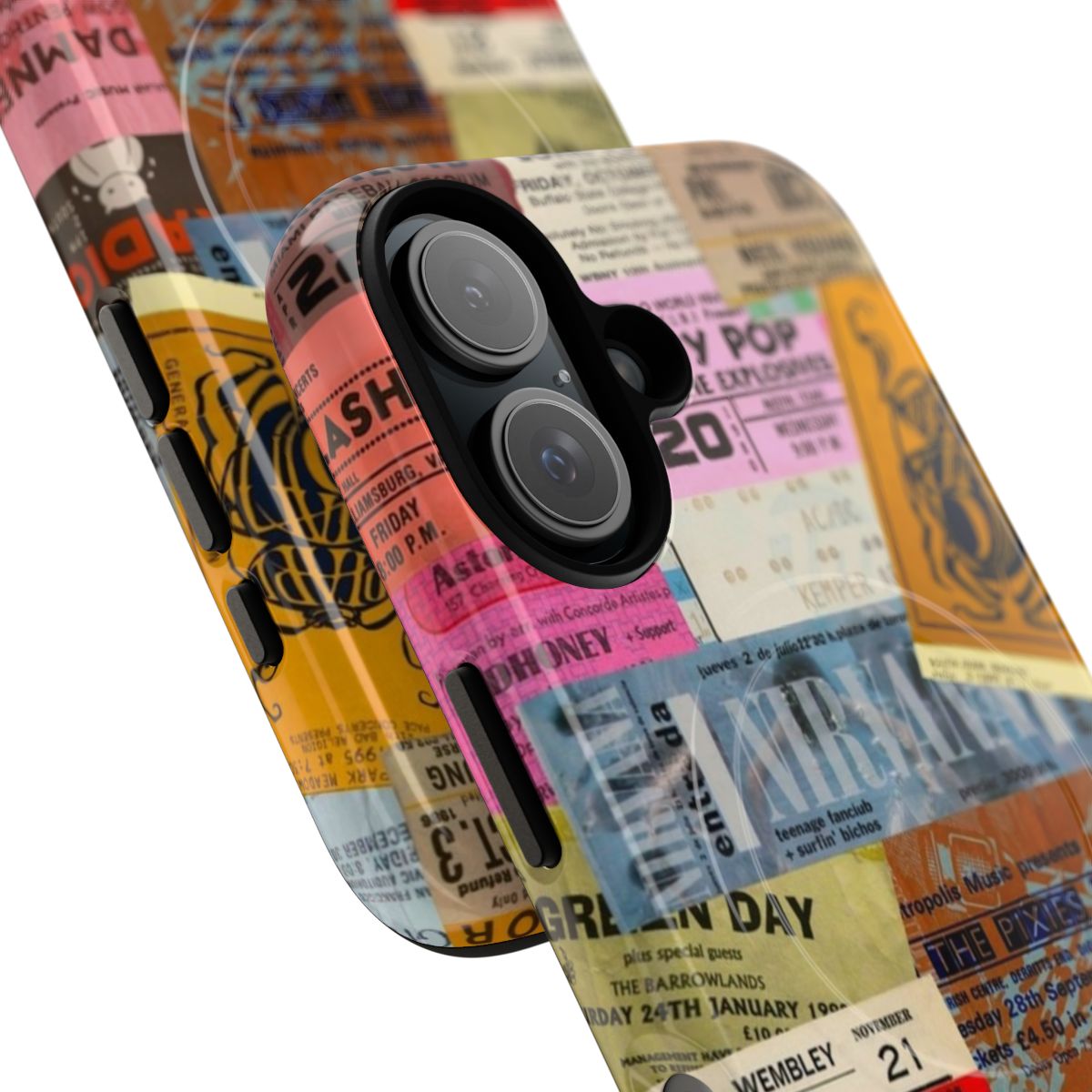 Magnetic phone case with vintage concert ticket stubs design - Detail