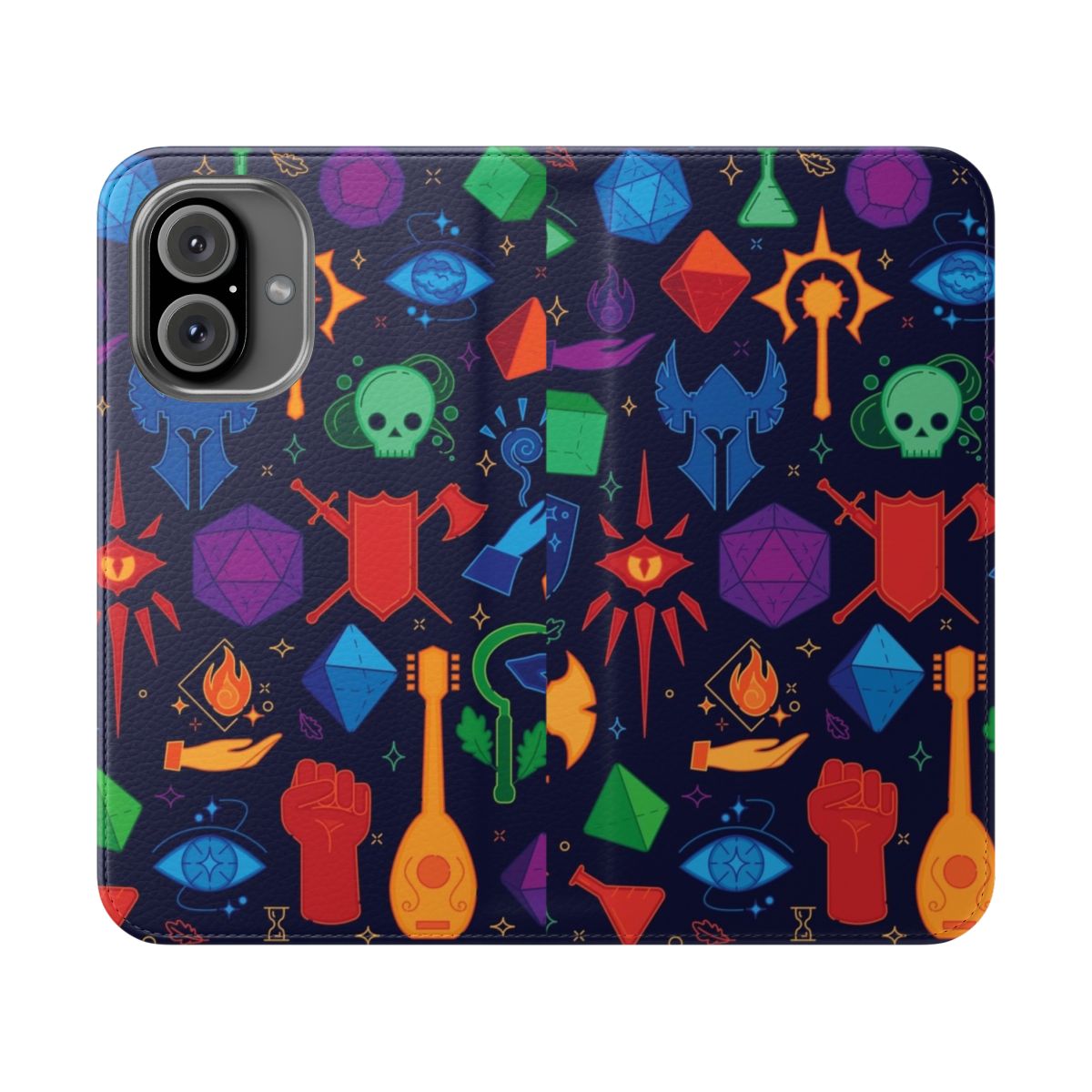 Colorful fantasy-themed phone flip cover case inspired by the Dungeons & Dragons role-playing game