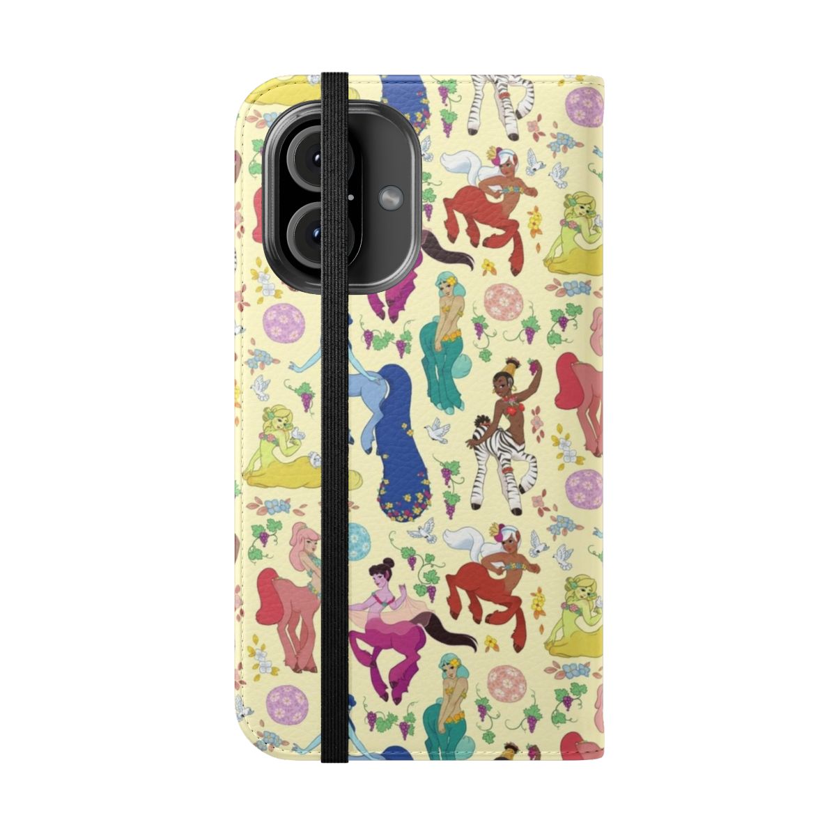 Colorful phone case featuring a pattern of fantastical centaurettes and floral elements - Folded Front