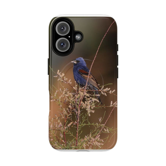 A vibrant blue grosbeak bird perched on a branch against a natural background, captured in a stunning nature photography design.