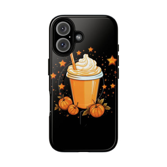 Pumpkin spice-themed phone case with a magnetic closure and durable protection