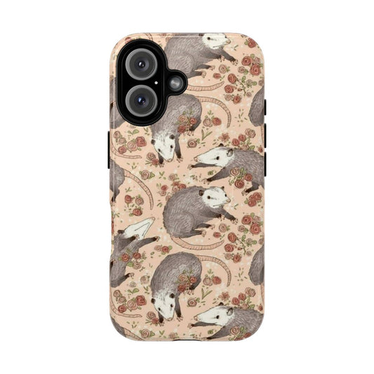 Whimsical phone case featuring a cartoon opossum surrounded by vintage-inspired floral and nature-inspired design