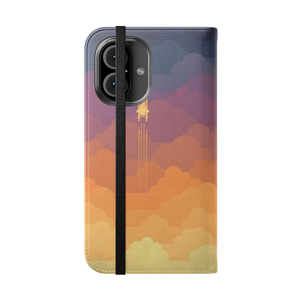 A flip cover phone case featuring an artistic depiction of clouds, planets, and a starry night sky - Folded Front