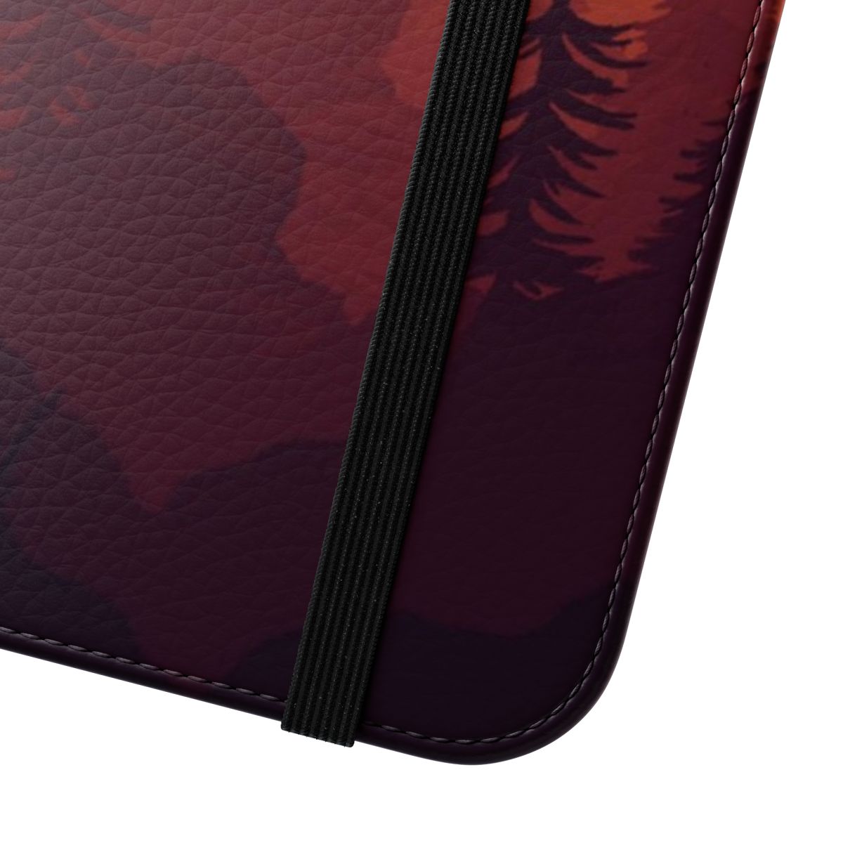 A minimalist phone case featuring a landscape design with mountains, trees, and a sunset. - Close Up