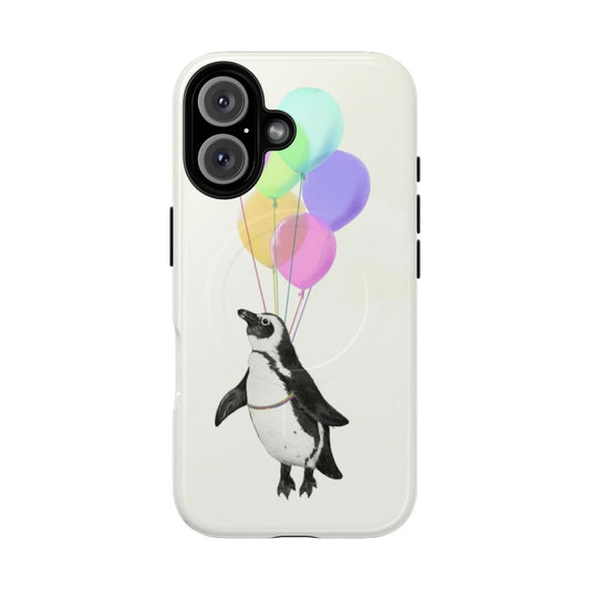 Magnetic tough phone case with a cute flying penguin design