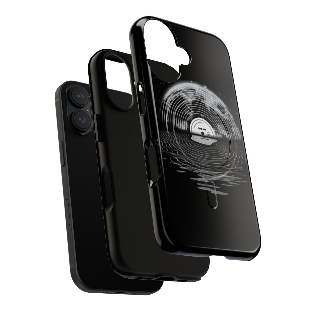 Magnetic phone case with a moon and music-inspired design on a black and white background - Layers