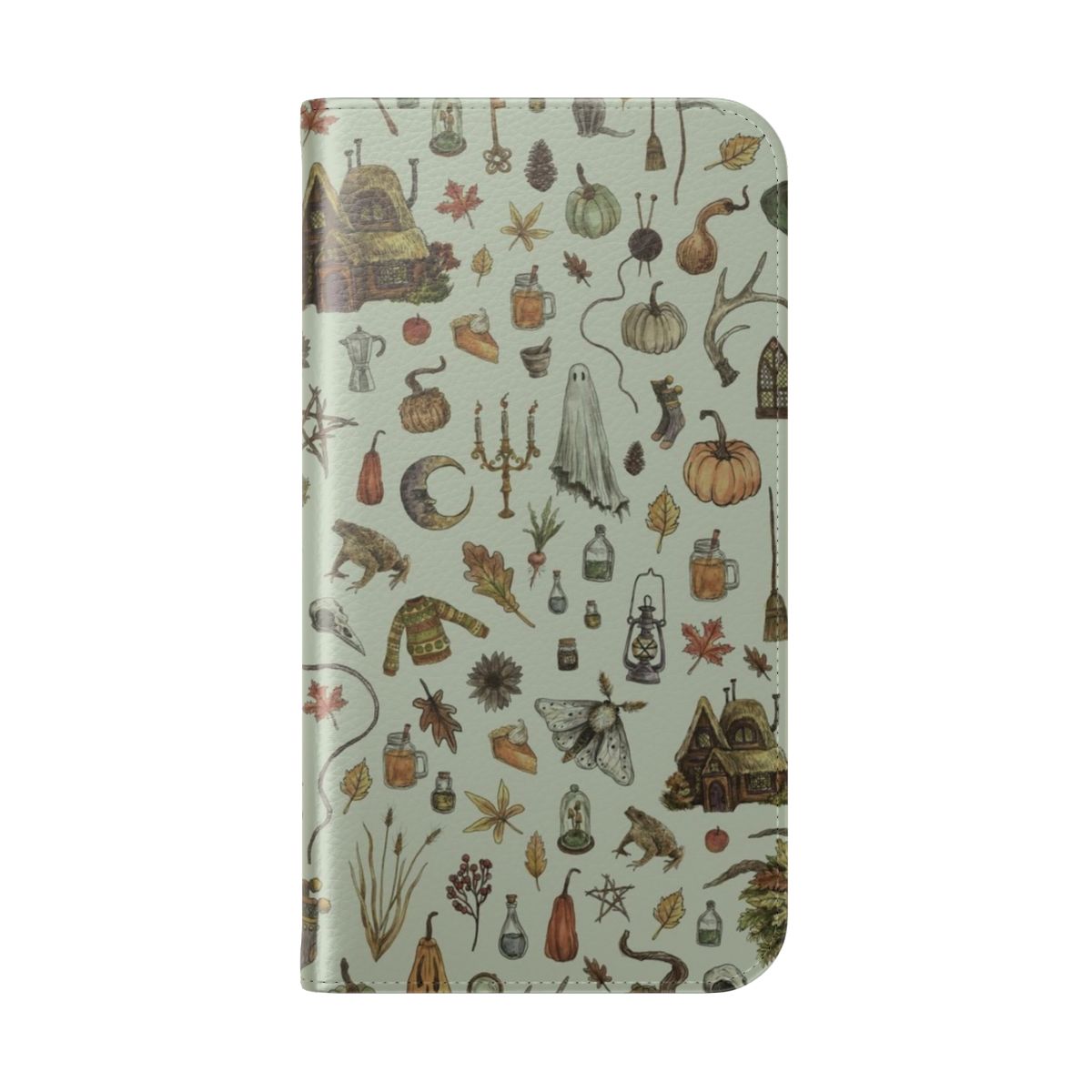 Green Crone Flip Cover Phone Case with Witchy Motifs - Folded Back