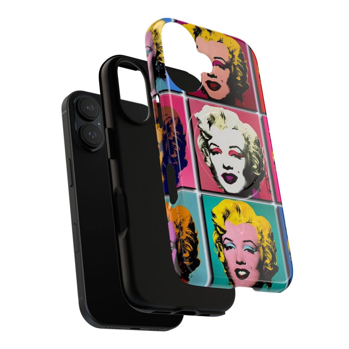 Vibrant abstract art deco design featuring Marilyn Monroe on a protective phone case. - Layers