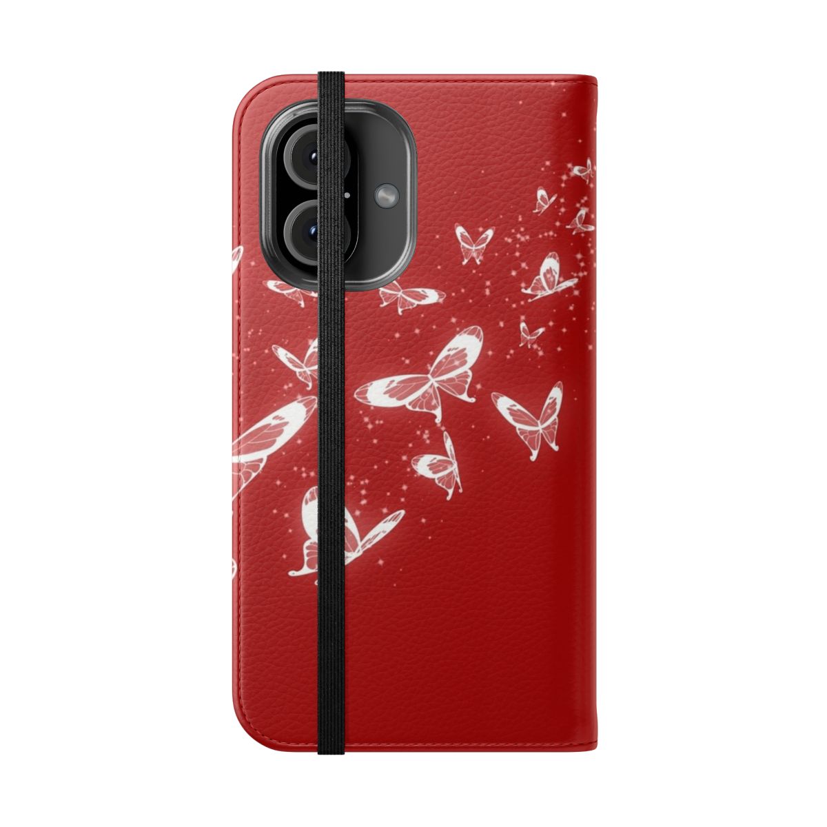 Silver butterfly phone case with a red and silver design, featuring characters from the popular wuxia and danmei series. - Folded Front