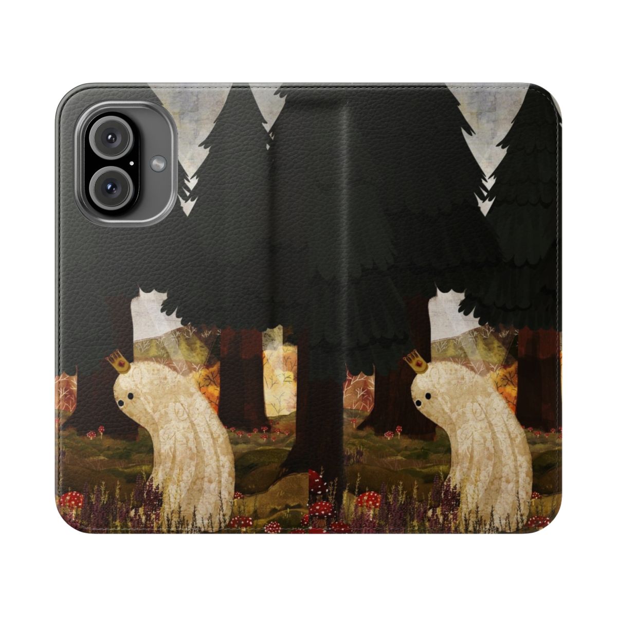 Whimsical phone case featuring a fantasy mushroom king in an enchanted forest