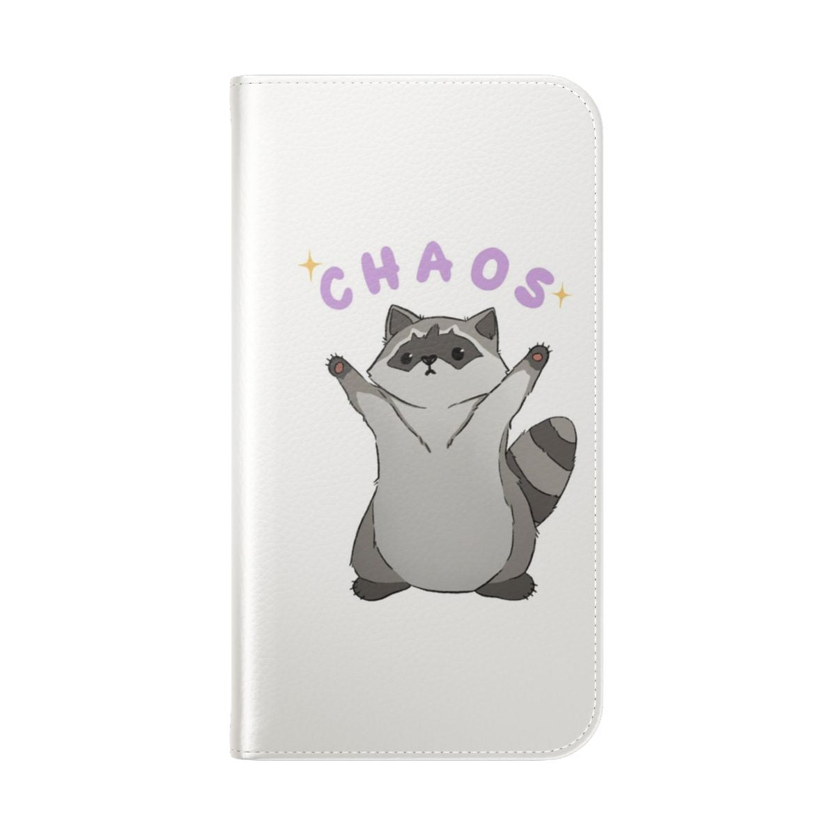 A purple and sparkly phone case featuring an adorable raccoon design. - Folded Back