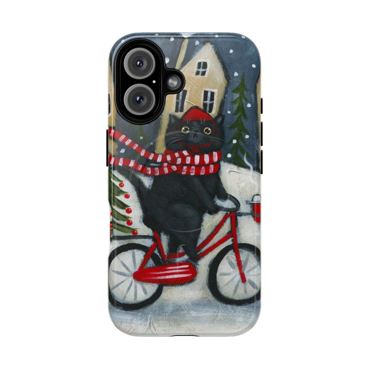 A snowy, winter scene featuring a black cat riding a bicycle through a snowy landscape with a Christmas tree.