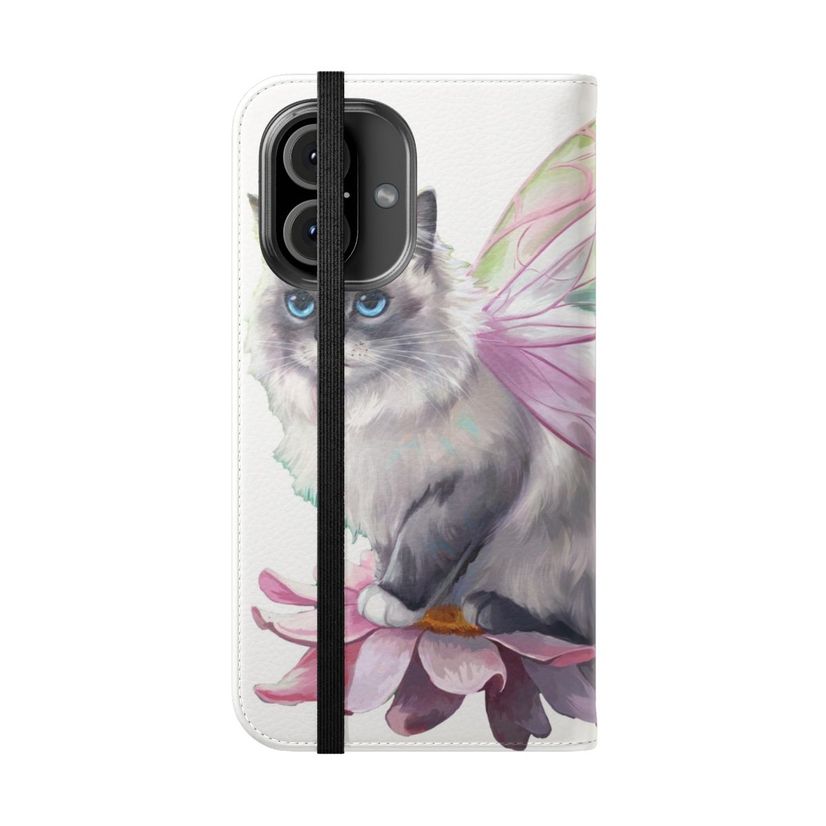 Whimsical phone case featuring a fairy cat surrounded by flowers and mushrooms, in a fantasy fairycore style. - Folded Front