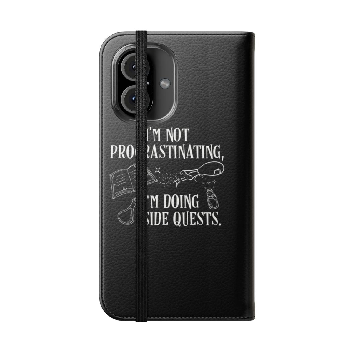 Fantasy gaming phone case featuring a flip cover design with the text "I'm not Procrastinating I'm Doing Side Quests" - Folded Front