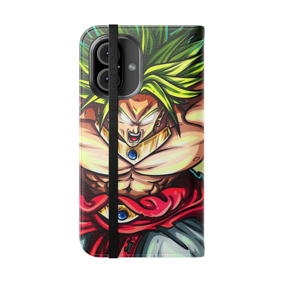 A stylish and durable phone case featuring the iconic Dragon Ball Z character, Broly, in a high-quality flip cover design. - Folded Front