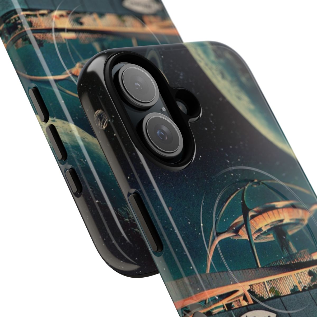 Vintage space-themed phone case featuring a digital collage of stars, planets, and a loving couple - Detail