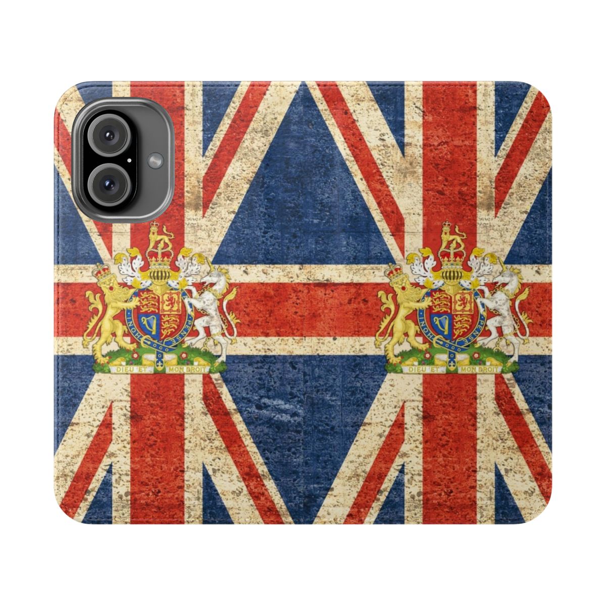 Flip cover phone case with the flag of the United Kingdom and the royal coat of arms