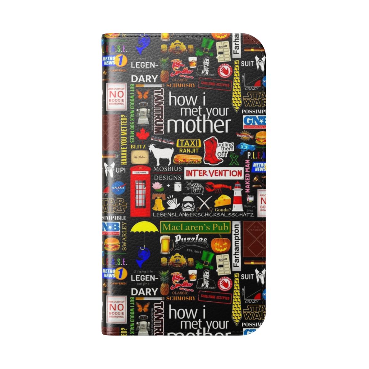 Themed collage phone case inspired by the TV series How I Met Your Mother, featuring iconic symbols and characters. - Folded Back