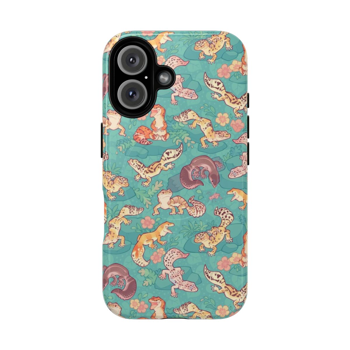 A teal colored phone case with a cute gecko pattern design.