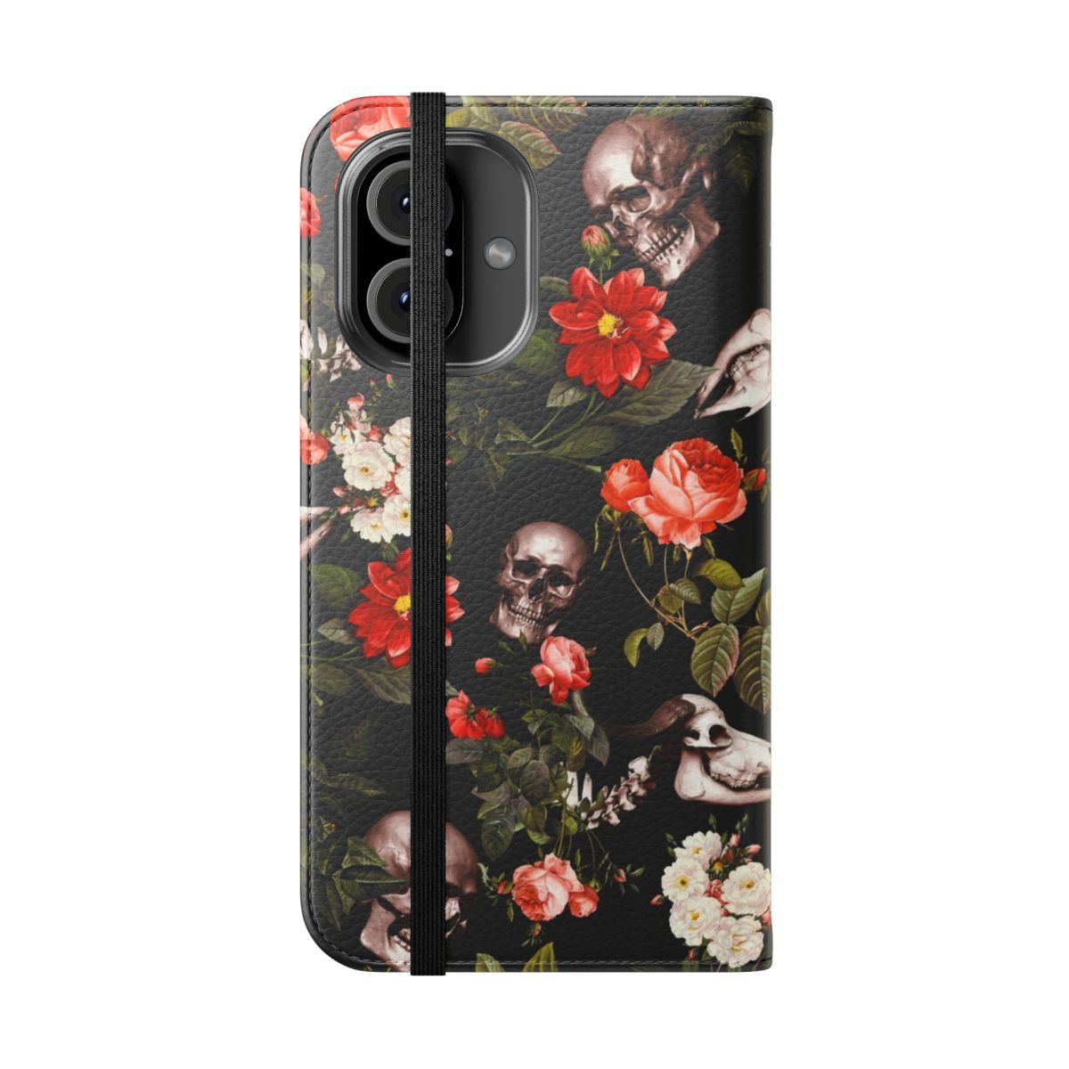 Spooky skull and floral pattern flip phone case - Folded Front